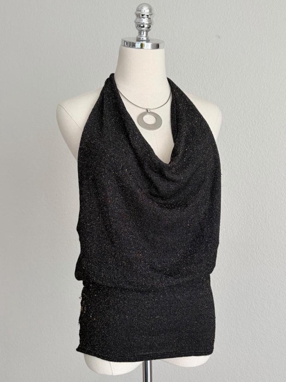 Shimmery Black Halter Cowl Neck Longline Top